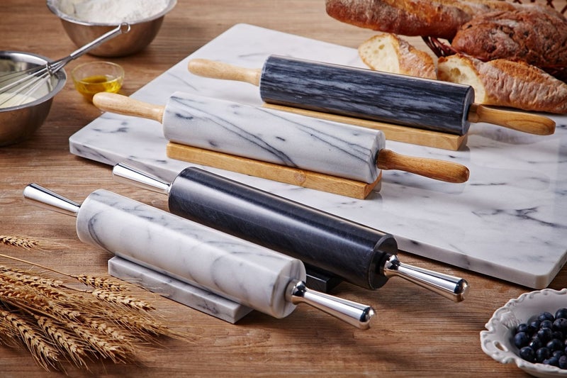 JEmarble Rolling Pin-Wooden Handles(White)(Premium Quality) Polished Surface 18-inch(10"Barrel) Genuine Stone Non-stick Save Effort Easy to Clean - Image 4